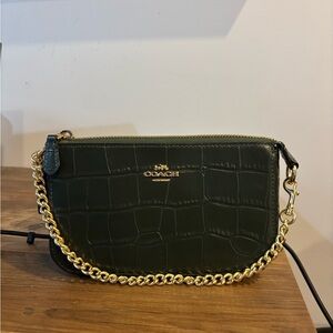 Coach Green Croc-Embossed Purse with Gold Chain